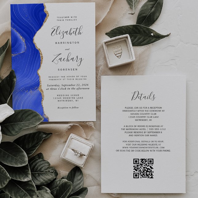 Invitation Royal Blue Gold Agate QR Code Mariage (Créateur téléchargé)