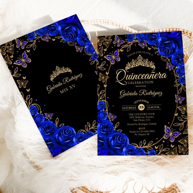 Invitation Royal Blue Gold Black Quinceanera (Créateur téléchargé)