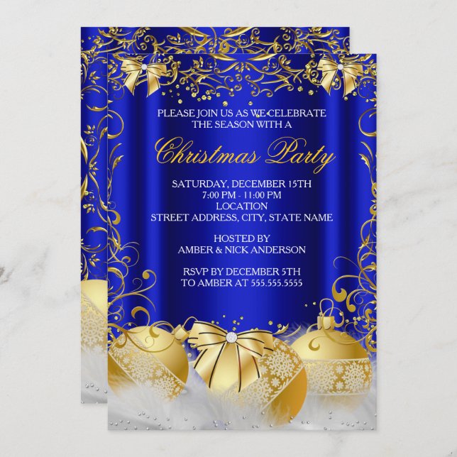 Invitation Royal Blue Gold Bow Bauble White Christmas Party (Devant / Derrière)
