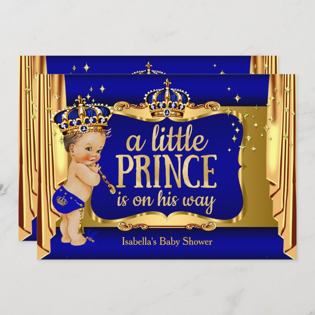 Invitation Royal Blue Gold Boy Prince Baby shower Brunette (Devant / Derrière)