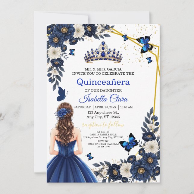 Invitation Royal Blue Gold Butterfly Quinceañera Invite (Devant)