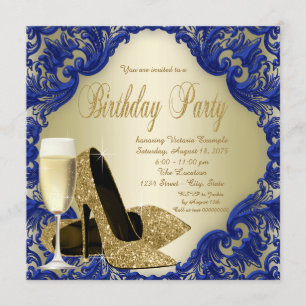 Invitation Royal Blue Gold Champagne fête d'anniversaire