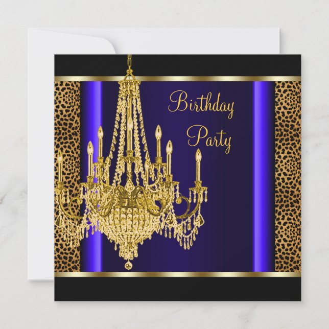 Invitation Royal Blue Gold Chandelier Leopard fête d'annivers (Devant)