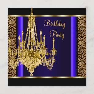 Invitation Royal Blue Gold Chandelier Leopard fête d'annivers