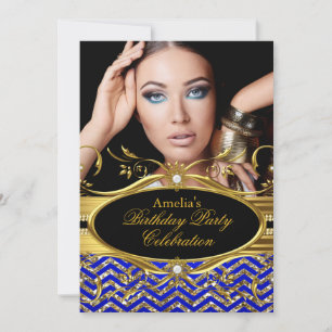 Invitation Royal Blue & gold Chevron Diamond Photo Anniversai