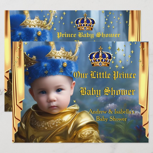 Invitation Royal Blue Gold Crown Drapes Prince Baby shower (Devant / Derrière)