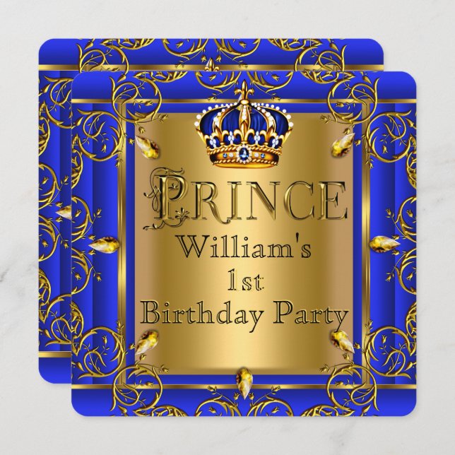 Invitation Royal Blue Gold Crown Prince 1er Anniversaire Garç (Devant / Derrière)