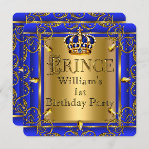 Invitation Royal Blue Gold Crown Prince 1er Anniversaire Garç