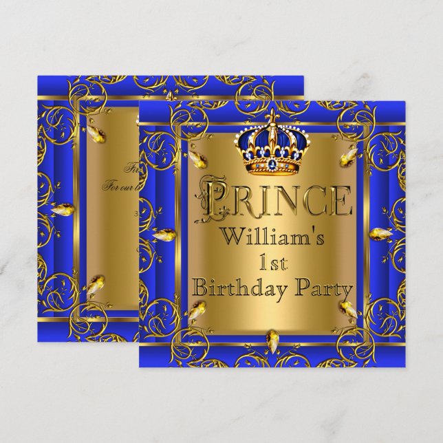 Invitation Royal Blue Gold Crown Prince 1er Anniversaire Garç (Devant / Derrière)