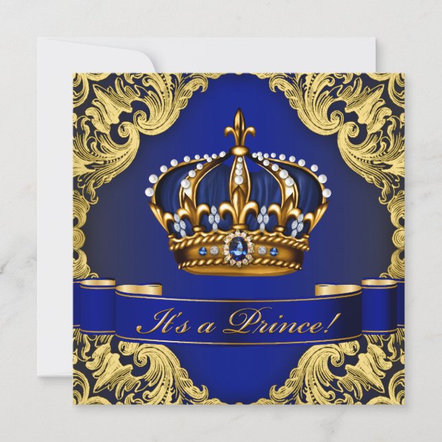 Invitation Royal Blue Gold Crown Prince Baby shower garçon (Devant)