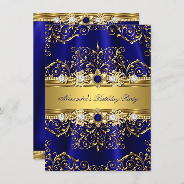 Invitation Royal Blue & Gold Damask Élégante fête d'anniversa (Devant / Derrière)