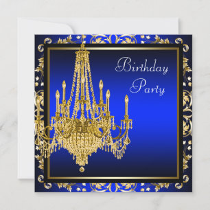 Invitation Royal Blue Gold Damask Lustre Anniversaire Fête I