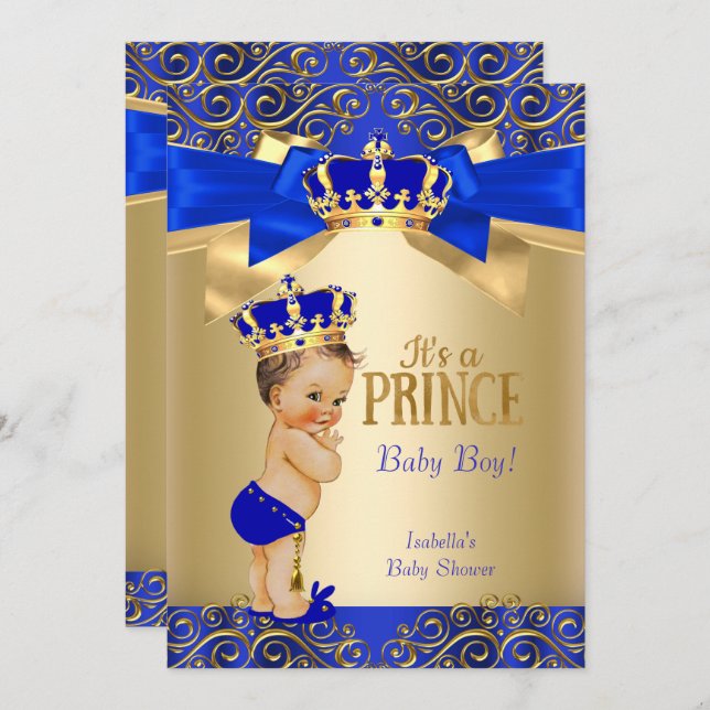 Invitation Royal Blue Gold Damask Prince Baby shower Brunette (Devant / Derrière)