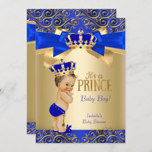 Invitation Royal Blue Gold Damask Prince Baby shower Brunette