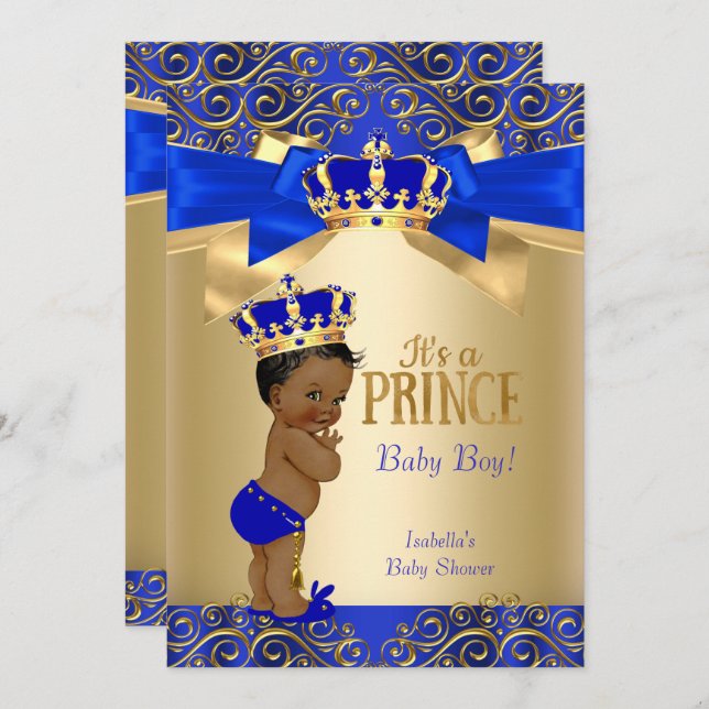 Invitation Royal Blue Gold Damask Prince Baby shower Ethnic (Devant / Derrière)