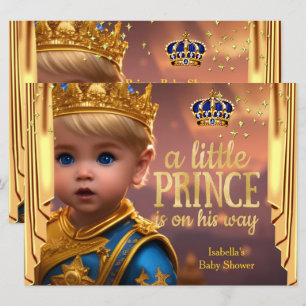 Invitation Royal Blue Gold Drapes Prince Baby shower Blonde