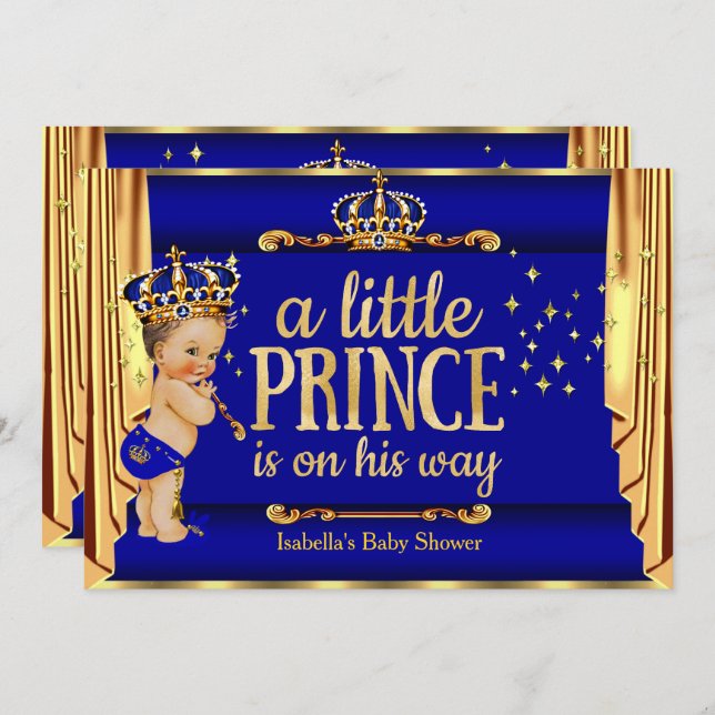 Invitation Royal Blue Gold Drapes Prince Baby shower Brunette (Devant / Derrière)
