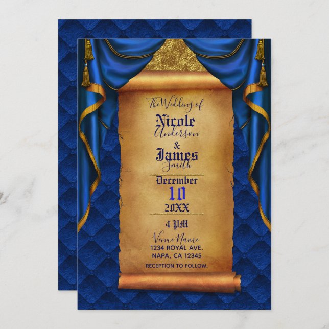 Invitation Royal Blue & Gold Drapes Scroll Mariage (Devant / Derrière)