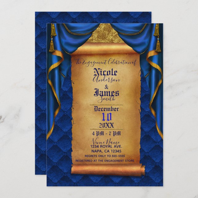 Invitation Royal Blue & Gold Draps Scroll (Devant / Derrière)