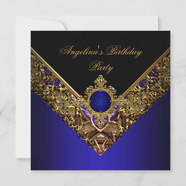Invitation Royal Blue Gold Élégante fête d'anniversaire (Devant)