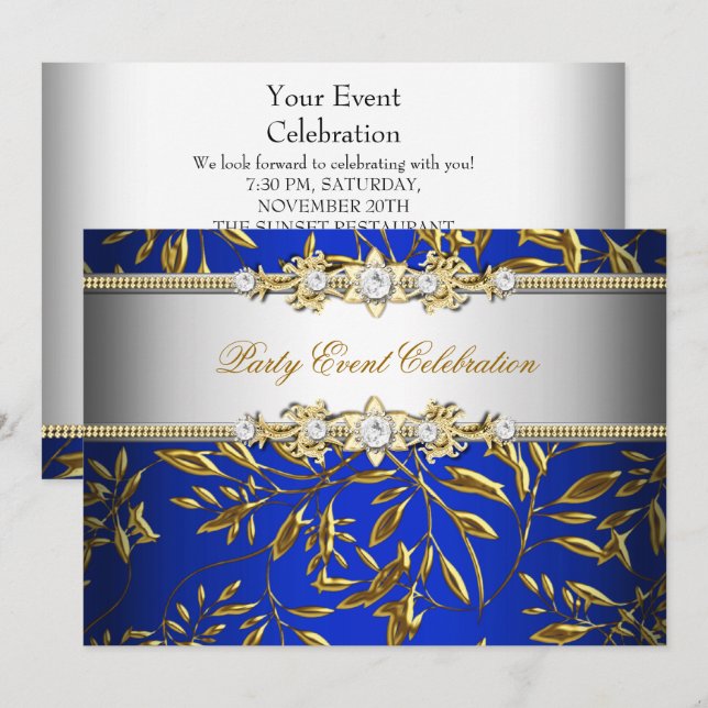 Invitation Royal Blue Gold Embossé look Elegant Party (Devant / Derrière)