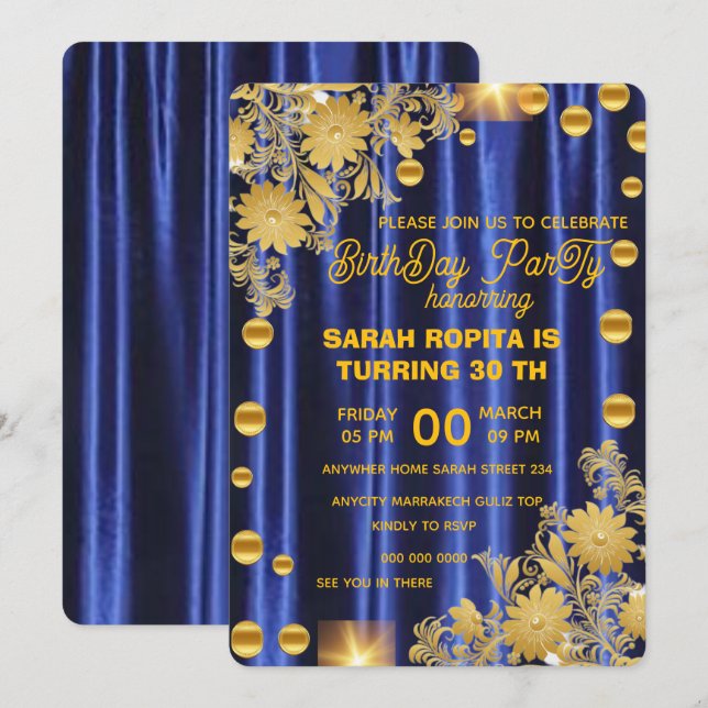 Invitation Royal Blue Gold fête d'anniversaire Invitation, fe (Devant / Derrière)