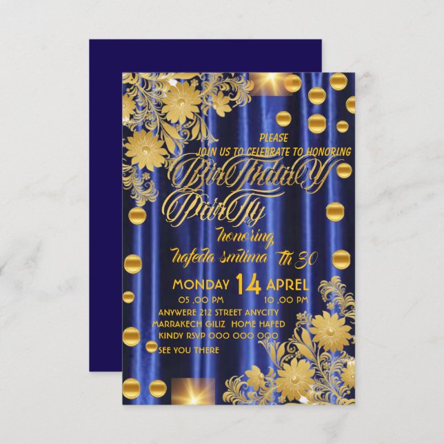 Invitation Royal Blue Gold fête d'anniversaire Invitation, fe (Devant / Derrière)