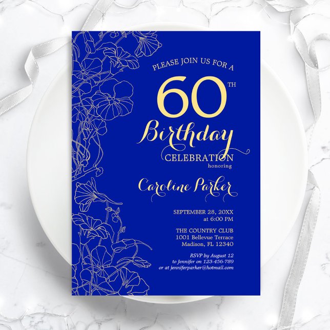 Invitation Royal Blue Gold Floral 60e fête d'anniversaire (Créateur téléchargé)
