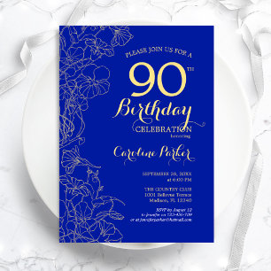 Invitation Royal Blue Gold Floral 90e fête d'anniversaire
