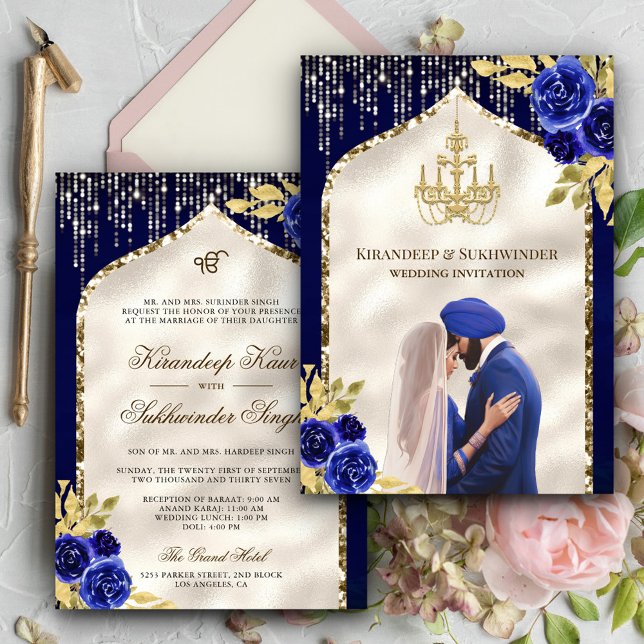 Invitation Royal Blue Gold Floral Anand Karaj Sikh Mariage (Créateur téléchargé)