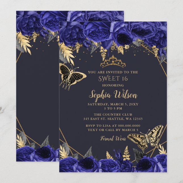 Invitation Royal Blue Gold Floral Butterfly Sweet 16 (Devant / Derrière)