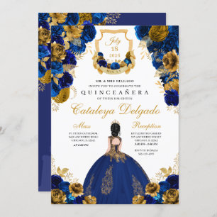 Invitation Royal Blue & Gold Floral Elegant Quinceañera