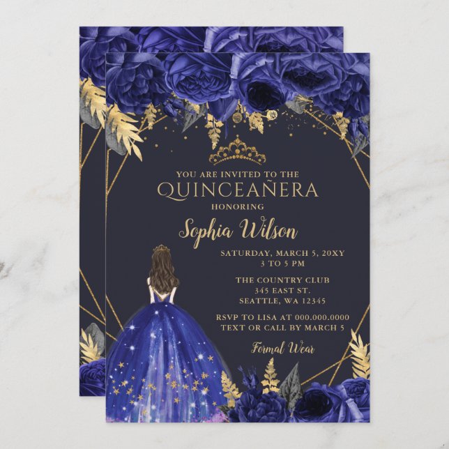 Invitation Royal Blue Gold Floral Princess Quinceañera Invi (Devant / Derrière)