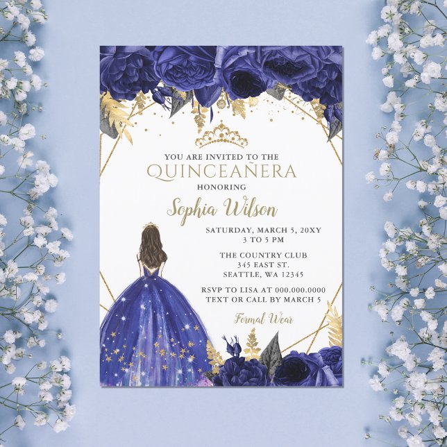 Invitation Royal Blue Gold Floral Princess Quinceañera Invita (Royal Blue Floral Princess Invitation)