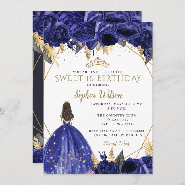 Invitation Royal Blue Gold Floral Princess Sweet 16 (Devant / Derrière)
