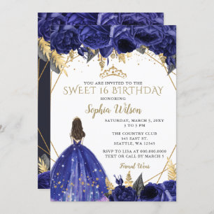 Invitation Royal Blue Gold Floral Princess Sweet 16