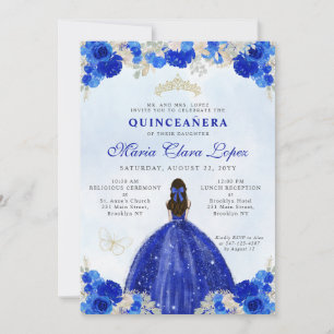 Invitation Royal Blue Gold Floral Princesse Quinceañera