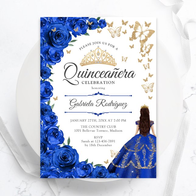 Invitation Royal Blue Gold Floral Quinceanera (Créateur téléchargé)