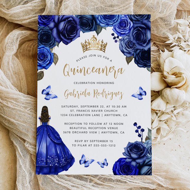 Invitation Royal Blue Gold Floral Quinceañera (Créateur téléchargé)