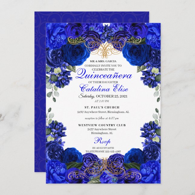 Invitation Royal Blue & Gold Floral Quinceanera Anniversaire (Devant / Derrière)