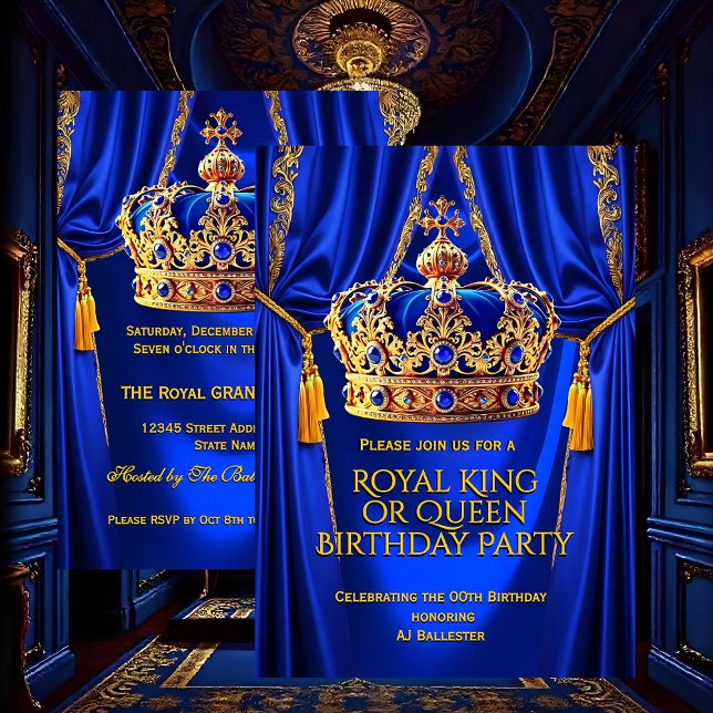 Invitation Royal Blue Gold King Queen Crown Birthday Party (Créateur téléchargé)