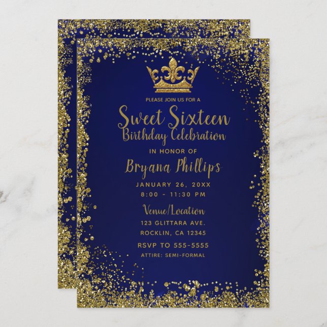 Invitation Royal Blue & Gold Parties scintillant Crown Sweet  (Devant / Derrière)