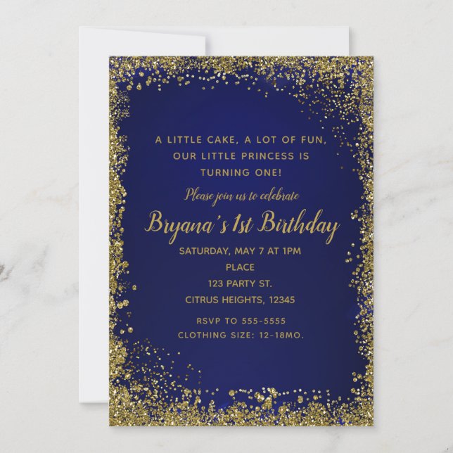 Invitation Royal Blue & Gold Parties scintillant Glam 1ST Ann (Devant)