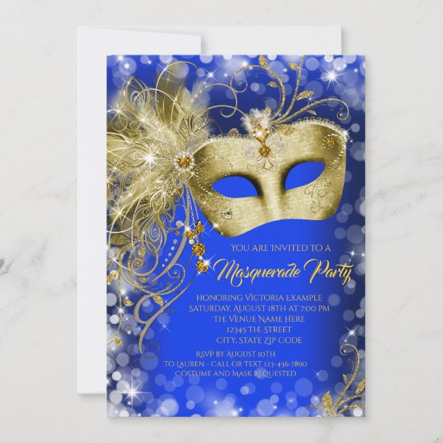 Invitation Royal Blue Gold Parties scintillant Masquerade Par (Devant)