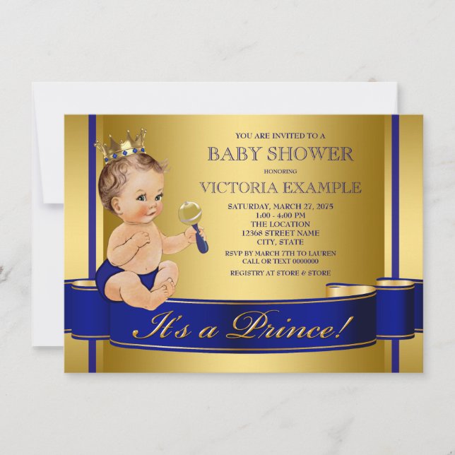 Invitation Royal Blue Gold Prince Baby shower (Devant)