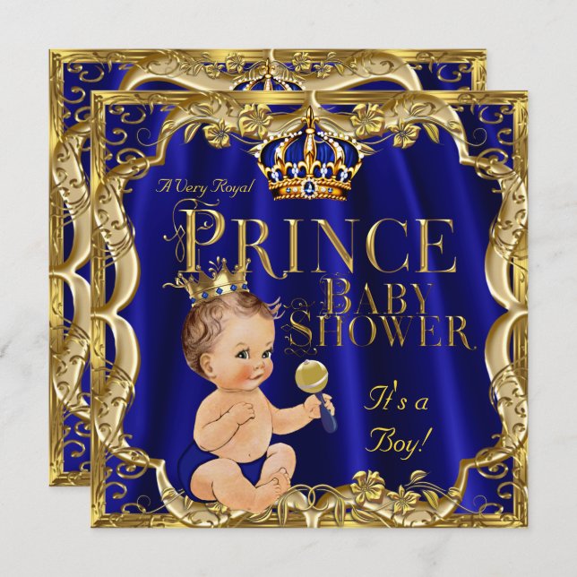 Invitation Royal Blue Gold Prince Baby shower Brunette (Devant / Derrière)