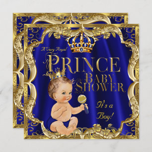 Invitation Royal Blue Gold Prince Baby shower Brunette