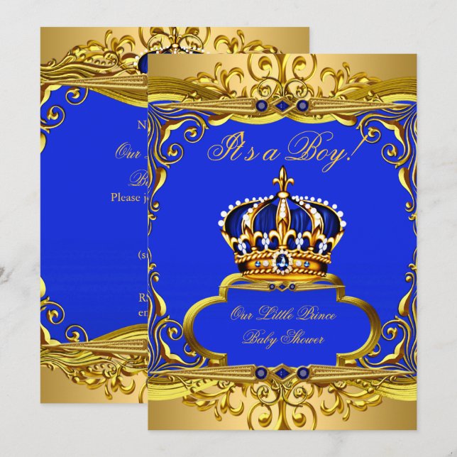 Invitation Royal Blue Gold Prince Baby shower de la Couronne  (Devant / Derrière)