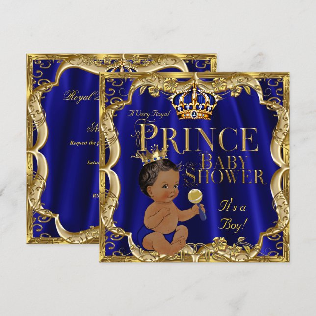 Invitation Royal Blue Gold Prince Baby shower Ethnique (Devant / Derrière)