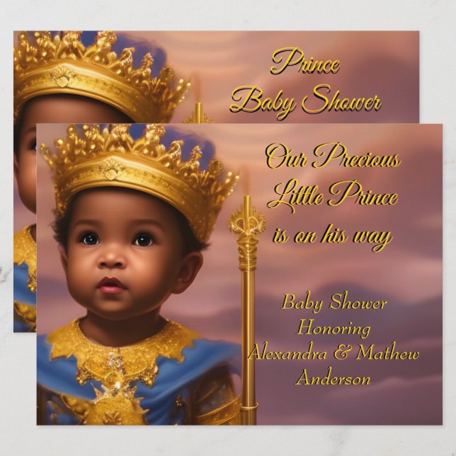Invitation Royal Blue Gold Prince Boy Baby shower ethnique (Devant / Derrière)